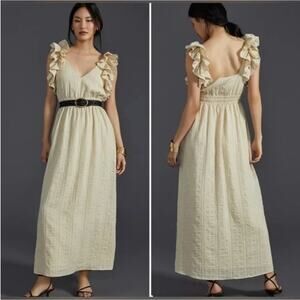 Anthropologie Mare Mare Flutter Sleeve Maxi Dress V-Neck Neutral Tan Size Large